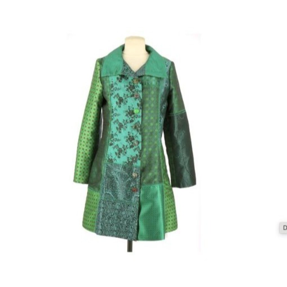 Desigual Dasha Patchwork Coat Women's 36 Metallic Dark Green Embroidered Jacket